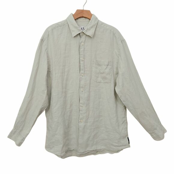 Armani Exchange Shirt Mens Large Light Green 100% Linen Long Sleeve Travel Beach - Picture 1 of 11